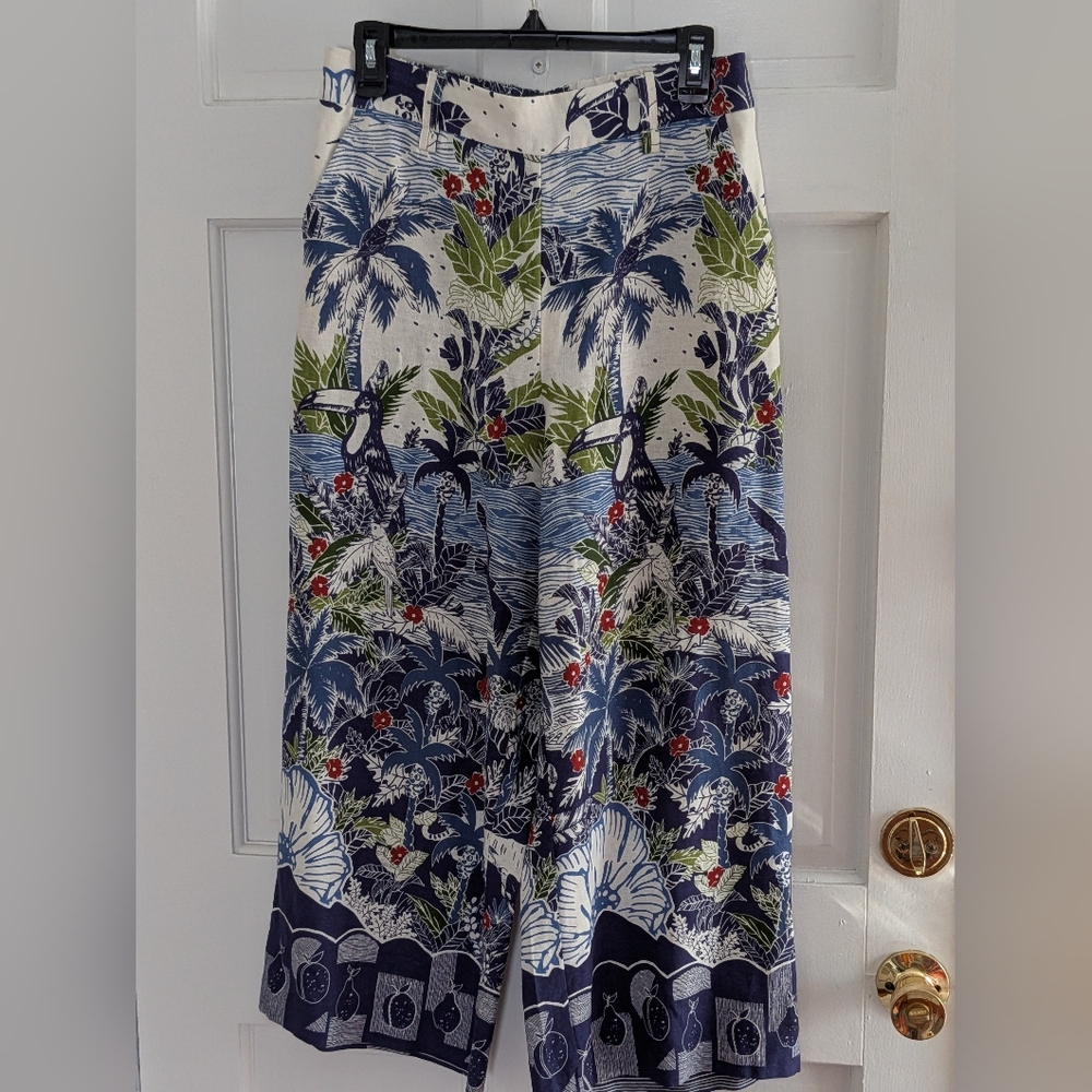 Joie Tropical Print Wide Leg Pants Linen Blend Blue Palm Print Size 6 - Picture 2 of 5